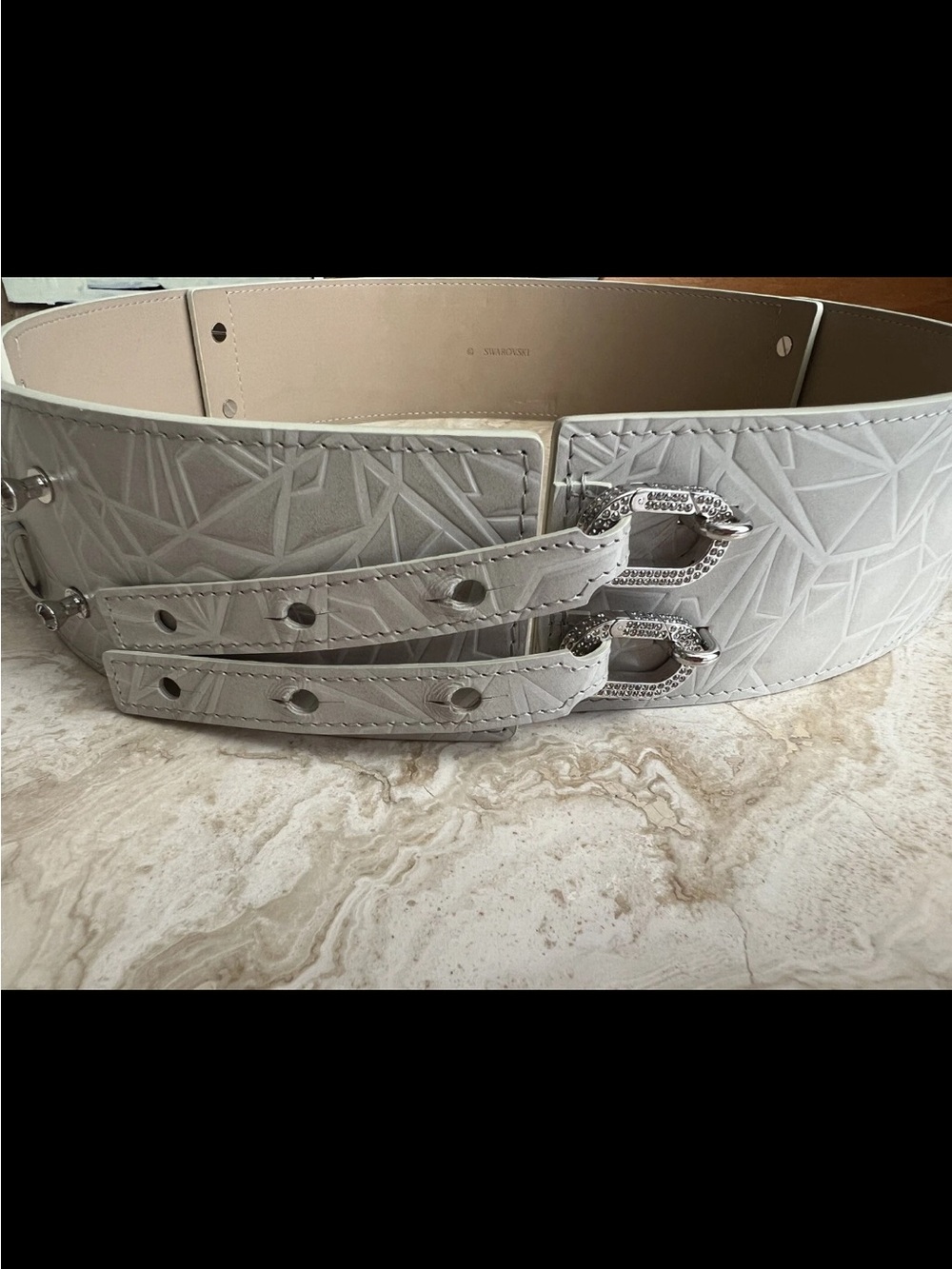 Swarovski Gray Leather Belt Chrystal Wide Rare Silver Buckle M / L vintage